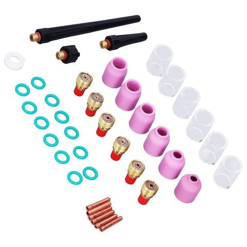 Heavy Duty Badass TIG Welding Torch Accessory Kit With Ceramic Gas Lens Nozzles Collet Set And Glass Cover For Wp 9 20 25 Torches assortment of nozzles, cups, and collets.