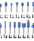 24 Piece Quarter Inch Shank Tungsten Carbide Router Bit Set for Woodworking with various bits on white background.