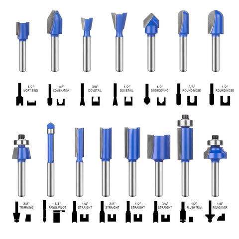 24 Piece Quarter Inch Shank Tungsten Carbide Router Bit Set for Woodworking with various bits on white background.