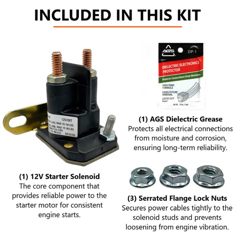 12V Starter Solenoid Relay Switch Kit Trombetta 832-1211-210 components including solenoid, dielectric grease, and lock nuts
