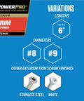 Info graphic showing variations of Top Shelf Exterior Trim Screws Nine By Three Inch Bronze Self Drilling Wood Fasteners.