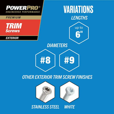 Info graphic showing variations of Top Shelf Exterior Trim Screws Nine By Three Inch Bronze Self Drilling Wood Fasteners.
