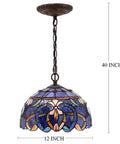 Tiffany Style Pendant Light Fixture With Blue Purple Cloud Stained Glass Hanging Lamp, 12in Shade, Antique Green Bronze Base S558