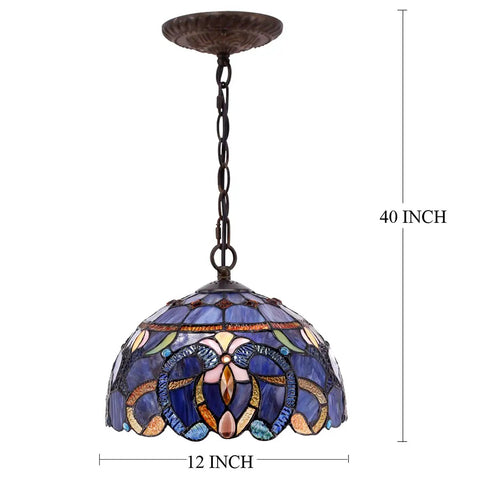 Tiffany Style Pendant Light Fixture With Blue Purple Cloud Stained Glass Hanging Lamp, 12in Shade, Antique Green Bronze Base S558