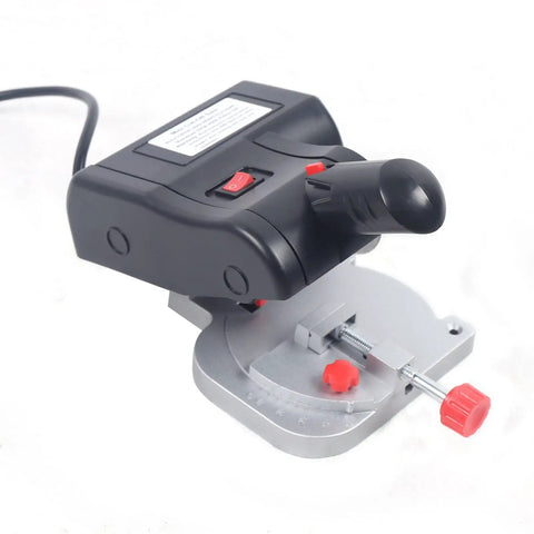 110V 90W Mini Cut Off Saw With 45 Degree Bevel, Benchtop Metal Cutting Tool, black handle detail, Safe Fixed Hole Base