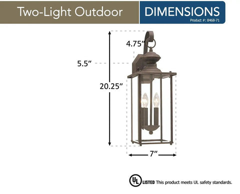 Dimensional view of Jamestowne Outdoor Wall Lantern Two-Light Exterior Fixture in Antique Bronze, 20.25x7 inches, clear beveled glass.