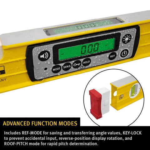 Heavy Duty Digital Spirit Level 9 Inch Torpedo Gauge With Dual Illuminated Lcd Displays IP67 Waterproof Dustproof rugged tool showing controls.