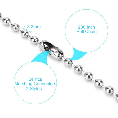 Super Long Ceiling Fan Pull Chain Extender 200 Inch Beaded 3.2mm Light Chain Extension with 24 Matching Connectors shown