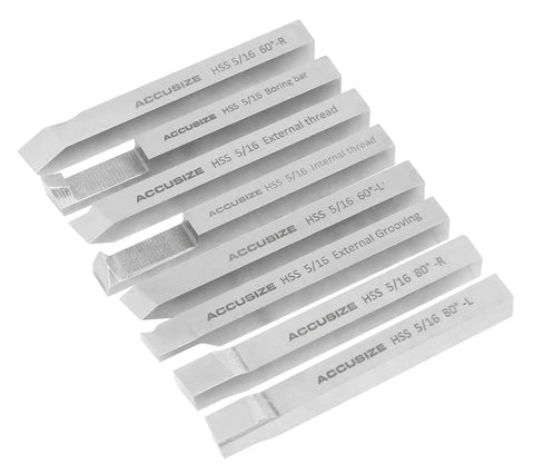 8 Piece Five Sixteenth Inch HSS Tool Bit Set Pre Ground For Turning And Facing Work Includes 80 Degree And 60 Degree Left And Right Hand Lathe Tools Pro Grade For Machinists And DIY Hobbyists Ready To Use