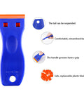 4 Piece Plastic Razor Blade Scraper Set With 120 Replacement Blades, showing blue ergonomic handle with orange blade and features