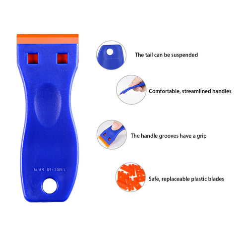 4 Piece Plastic Razor Blade Scraper Set With 120 Replacement Blades, showing blue ergonomic handle with orange blade and features
