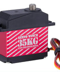 Close-up of a red and black servo winch for 1/10 RC Crawlers with 35KG capacity and wiring, used in Dual Servo Mount setup.