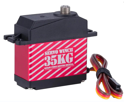 Close-up of a red and black servo winch for 1/10 RC Crawlers with 35KG capacity and wiring, used in Dual Servo Mount setup.