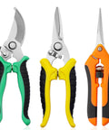 3 Pack Garden Pruning Shears Set With Stainless Steel Blades Ergonomic Anti Slip Handles Durable Garden Scissors For Plants And Flowers Easy Cut Clippers For Quick Pruning, showing green, yellow, and orange handled shears.