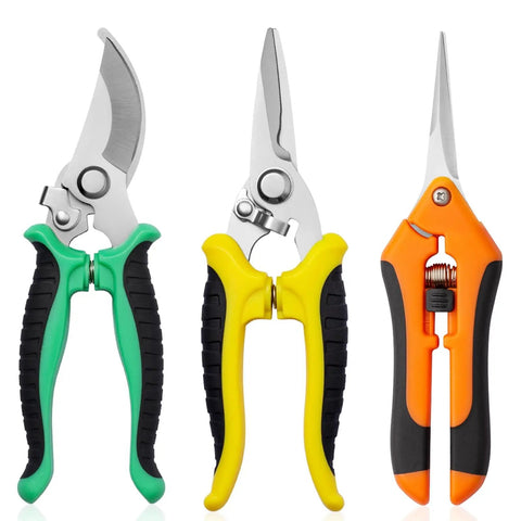 3 Pack Garden Pruning Shears Set With Stainless Steel Blades Ergonomic Anti Slip Handles Durable Garden Scissors For Plants And Flowers Easy Cut Clippers For Quick Pruning, showing green, yellow, and orange handled shears.