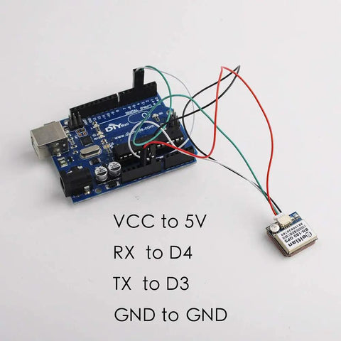 BN 180 GPS Glonass Module TTL NMEA 0183 1Hz 9600bps connected to Arduino board with wiring instructions visible