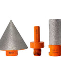 Front view of a three-piece diamond tile beveling set with a 60mm cone head and 5/8-11 threaded orange adapters.