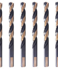 Six 1/2-inch black-and-gold twist drill bits, front view, Amazon brand