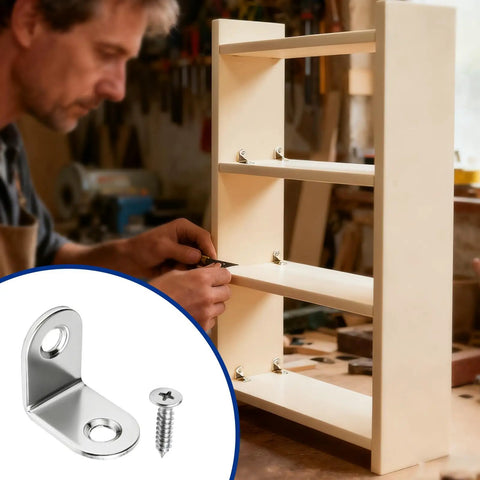 Man using sturdy heavy duty 24 piece stainless steel L bracket corner brace set with 48 screws for shelves in workshop.