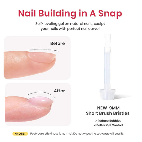 Before and after nail extension using Builder Gel Kit with 5 Colors Nude Shimmer Glitter 7 in 1 Hema Free Strengthener Gel With Heart Top Coat