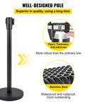 Well-designed pole of the Four Piece Pro Grade Crowd Control Stanchion Set With 6.6 Ft Retractable Belt Black Barrier With Concrete And Metal Base Built To Last Easy Connect Assembly Durable Rustproof Steel And Iron Poles For Event Queues And VIP Lines, featuring thickness details and stainless steel material.