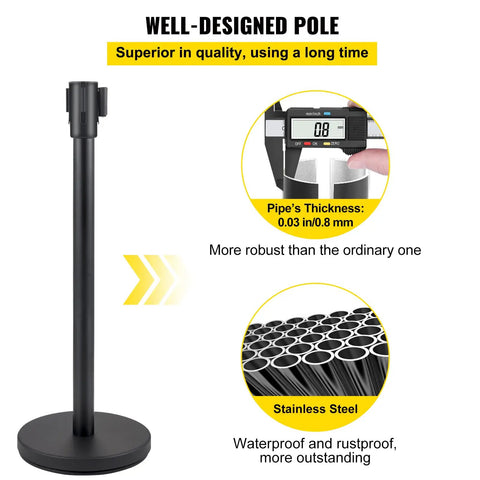 Well-designed pole of the Four Piece Pro Grade Crowd Control Stanchion Set With 6.6 Ft Retractable Belt Black Barrier With Concrete And Metal Base Built To Last Easy Connect Assembly Durable Rustproof Steel And Iron Poles For Event Queues And VIP Lines, featuring thickness details and stainless steel material.