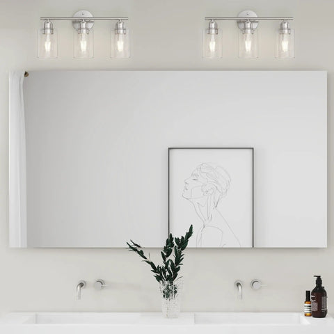 Three Light Brushed Nickel Vanity Light Over Mirror With Glass Shades UL Certified Bathroom Wall Fixture Modern Damp Rated Sconce