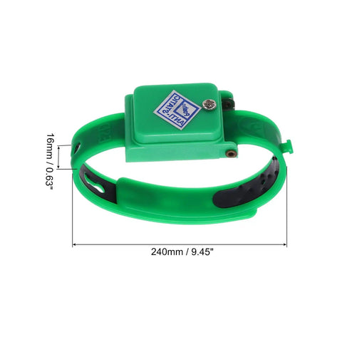 Cordless Anti Static Wrist Strap With Adjustable Silicone Bracelet For ESD Safe Computer Electronics Repair Green Color Grounding Wristband Pro Grade Anti Static Grounding Tool For Delicate Circuit Boards And LED Projects, showing green silicone strap and size dimensions.