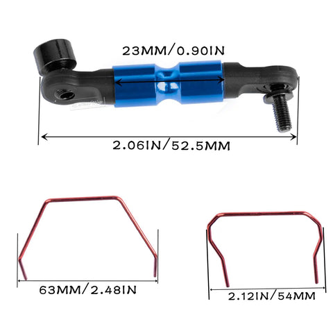 Alloy Aluminum Front And Rear Wide Sway Bar Upgrade Kit For 1/10 Slash Rustler Stampede Rally 4x4 4WD RC Cars CNC Machined Precision Fit Durable Performance Easy Bolts On, showing dimensions and components.