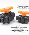 Built Tough Heavy Duty Pvc Ball Valve With Double Union Connector And Rock Solid Check Valve Delivers Slick Swivel Control For Nifty 75 To 110 Mm Garden Hose Line Jobs, black plastic design, orange handle, 75 to 110 mm.