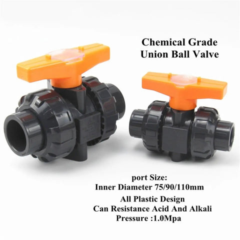 Built Tough Heavy Duty Pvc Ball Valve With Double Union Connector And Rock Solid Check Valve Delivers Slick Swivel Control For Nifty 75 To 110 Mm Garden Hose Line Jobs, black plastic design, orange handle, 75 to 110 mm.