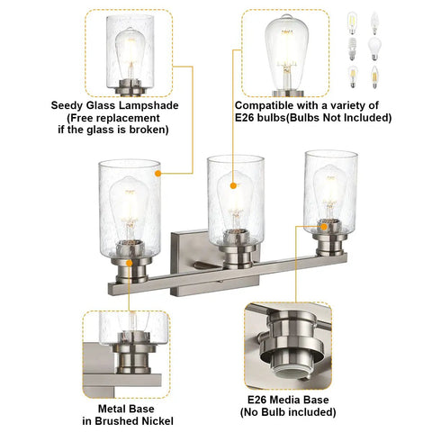 Three Light Wall Mount Bathroom Light Fixture In Brushed Nickel Finish With Seeded Glass Shade details and parts shown