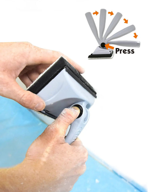 Person using Emulsion Paint Pad Kit for walls with pivot feature, 9 Piece Set for Walls and Ceilings, no mess application.