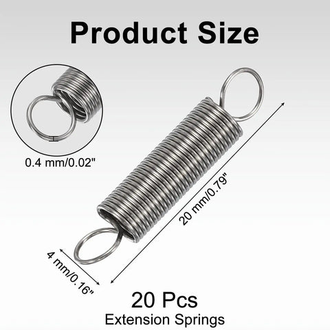 Heavy Duty 20pcs Extension Spring Set In 304 Stainless Steel For Rust Resistant Industrial Projects With 0.79 Inch Length And 0.16 Inch Outer Diameter measuring 20mm and 4mm.