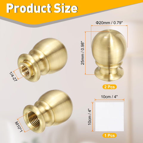 Brass Ball Lamp Finials Set Of 2 1 Inch Tall Lamp Cap Knobs With Screws And Cleaning Cloth displayed with dimensions