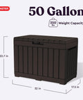 50 Gallon Resin Deck Box For Outdoor Storage Of Patio Cushions Throw Pillows And Garden Tools Brown Finish Durable Weather Resistant Construction For Patios Garages Or Covered Decks with dimensions 22.7 x 32 x 17.5 inches