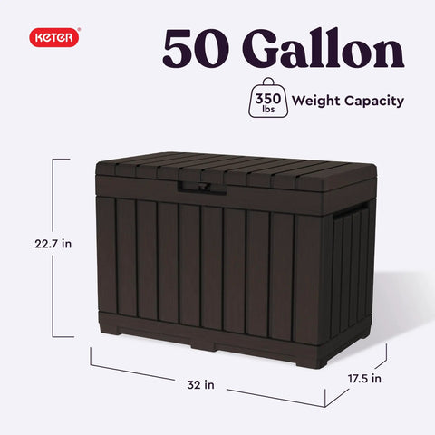 50 Gallon Resin Deck Box For Outdoor Storage Of Patio Cushions Throw Pillows And Garden Tools Brown Finish Durable Weather Resistant Construction For Patios Garages Or Covered Decks with dimensions 22.7 x 32 x 17.5 inches