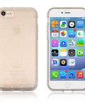Glittering gold iPhone case displayed with front and back views, highlighting phone screen and protective design.