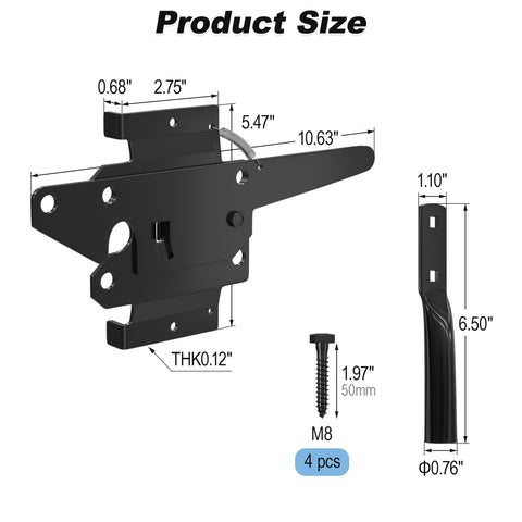 Dimensions diagram of Heavy Duty Self Locking Gate Latch for Pool and Garden Gates, weatherproof black finish with screws included.
