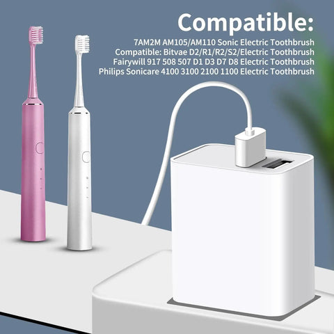 All In One USB Charger For Electric Toothbrushes And Water Flossers, 5V 2.5A Wall Adapter Type A next to electric toothbrushes