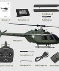 Ultra Realistic 27 To 1 Scale RC Helicopter With Auto Hover Bell OH 58 Style Collectible, remote, blades, and accessories.