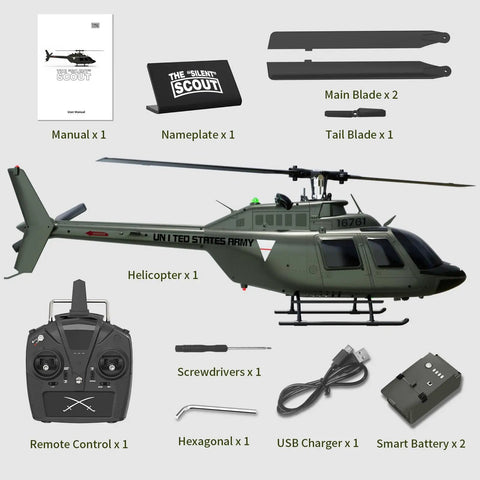 Ultra Realistic 27 To 1 Scale RC Helicopter With Auto Hover Bell OH 58 Style Collectible, remote, blades, and accessories.