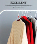Red Sale Hanger Markers 200 Pcs High Visibility Coding Tags on clothing rack with sweaters and jackets in retail store setting.
