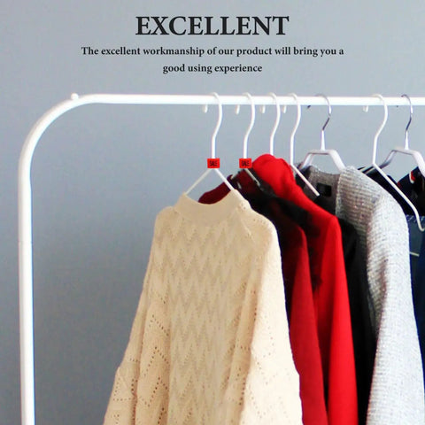 Red Sale Hanger Markers 200 Pcs High Visibility Coding Tags on clothing rack with sweaters and jackets in retail store setting.