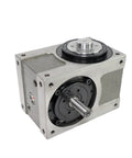 Flange Type 80DF Cam Indexer With 200W Geared Motor And Hollow Rotary Platform, silver gear housing, side view.