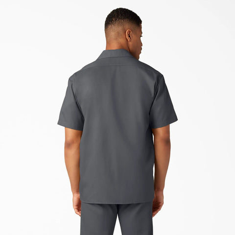 Badass Men Short Sleeve Utility Button Down Workshirt In Charcoal with relaxed fit, back view showcasing fabric and collar.