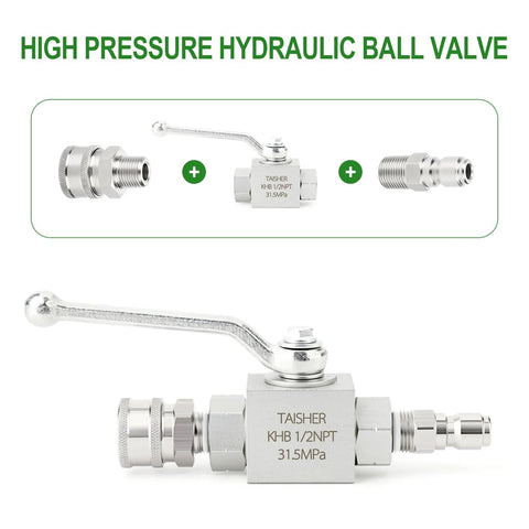 Installed side view of TAISHER 1/2in NPT high-pressure hydraulic ball valve with lever; silver carbon-steel body