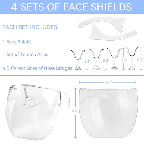 4 Pack Anti Fog Full Face Shield With Glasses Set Clear See Through Goggles Splash Guard with temple arms and nose bridges