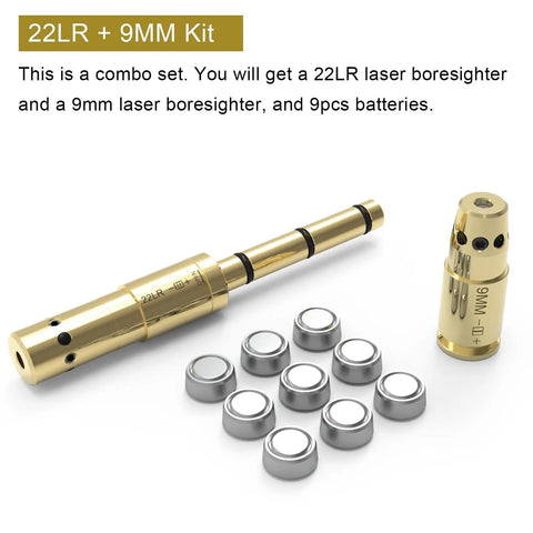 Laser Bore Sighter Kit For 22LR And 9mm Calibers, red dot alignment tool with brass boresighters and AG3 batteries