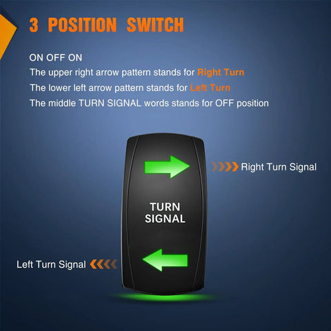 Turn Signal Switch Kit With Flasher Relay For ATV UTV Tractor and Motorcycle 4 Pin SPDT Rocker Switch showing turn directions.